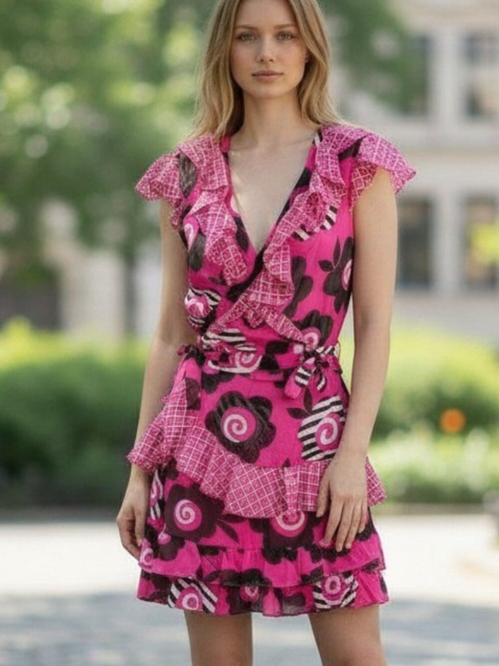 Celia Birdwell Vintage 2 Piece Skirt set Pink Black White Wrap Top Ruffled Sz SM